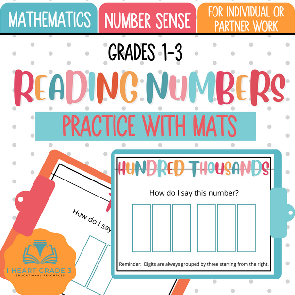 These mats are a great individual or small group activity to help your students learn how to properly say numbers ranging from tens to millions. A space is provided after each third number space from the right, as well as a little reminder on each page starting from the thousands, to help students visually see and remember how to groups numbers in order to say them properly.
This file contains:
* mats for tens, hundreds, thousands, ten thousands, hundred thousands, and millions.
* numbers 0-9
Please feel free to make as many copies of the mats and numbers that you need for your class.
For best results, print onto cardstock and laminate all pieces.