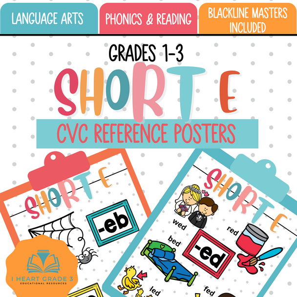 This file includes full coloured and blackline masters of the short e sounds for the following families:

* EB
* EP
* ED
* EG
* EM
* ES
* EN
* ET

All items represented are VOWEL CONSONANT VOWEL words.
