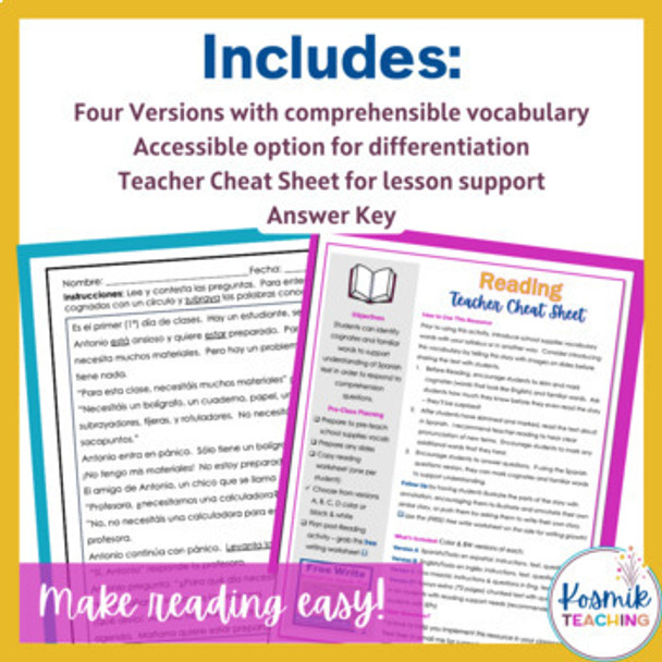 Spanish School Supplies Comprehensible CI Reading