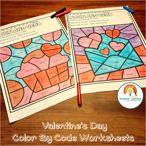 Valentines Day Coloring Pages | Valentines Day Activities | Nouns and Verbs Sort