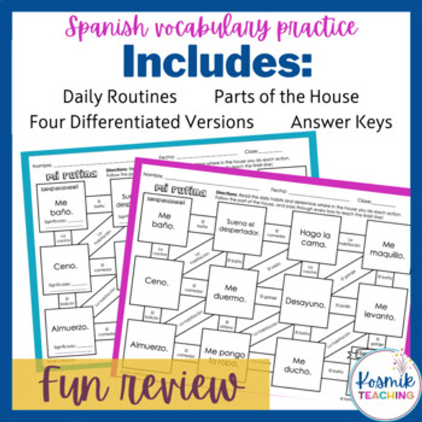 Spanish Routines Around the House Vocabulary Independent Practice Maze Activity