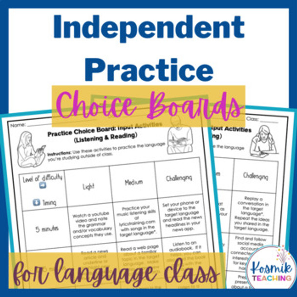 Independent Practice Choice Board for Spanish Class