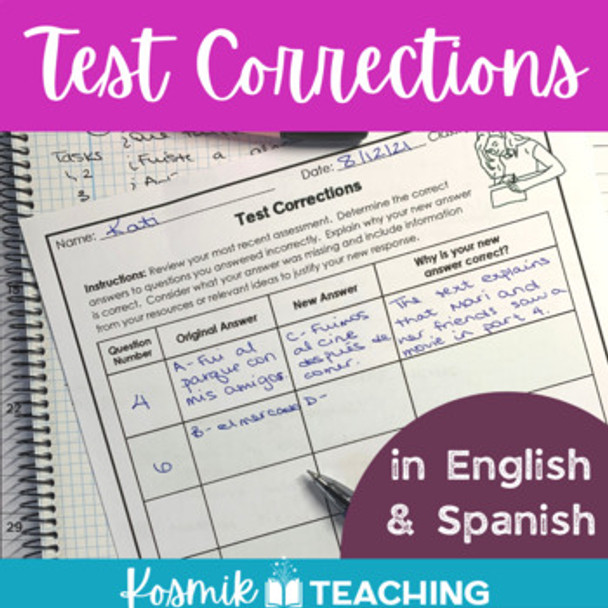 Test Corrections Worksheet in English and Spanish