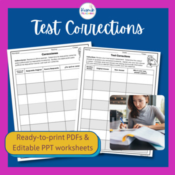 Test Corrections Worksheet in English and Spanish