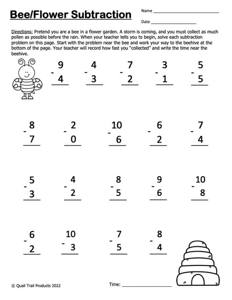 Single Digit Subtraction Worksheets and Timed Assessments