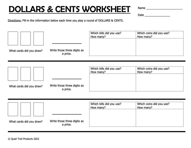 Dollars and Cents Math Card Game