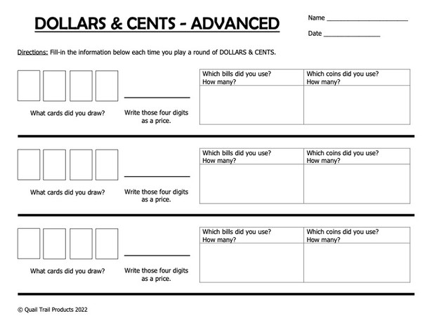 Dollars and Cents Math Card Game