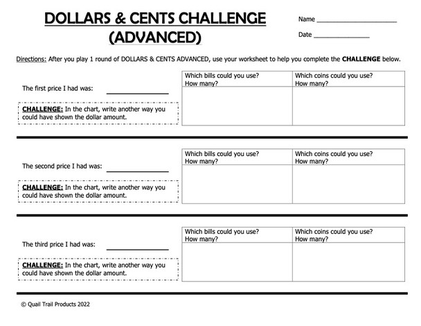 Dollars and Cents Math Card Game