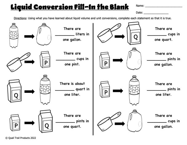 Liquid Volume and Unit Conversions Worksheets