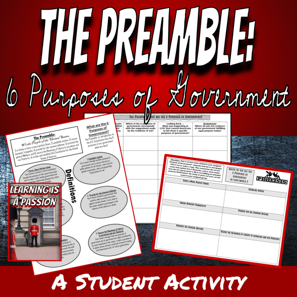 U.S. Constitution | The Preamble | 6 purposes of Government | Student Activity
