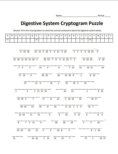 Digestive System Cryptogram Puzzle