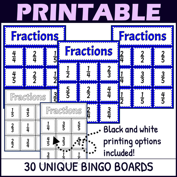 Fractions Activity 1/2s to 1/5s - Bingo Game - Fraction Symbols