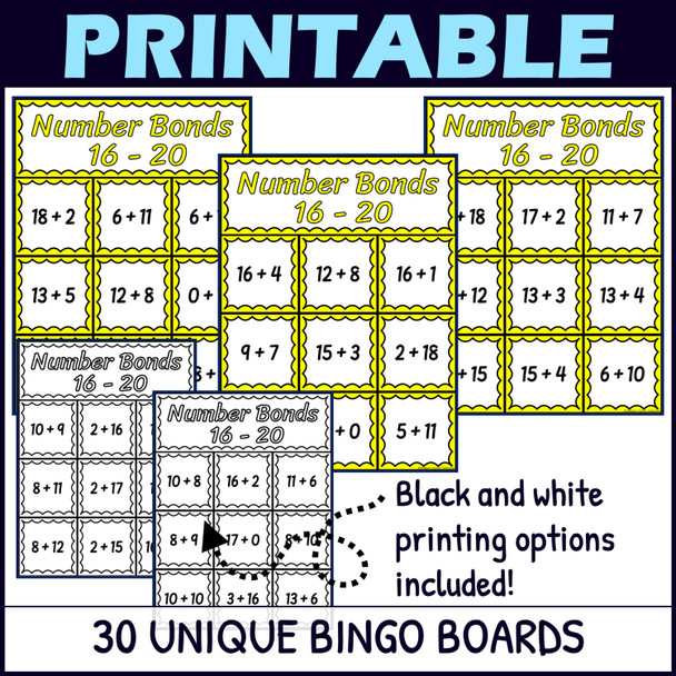 Number Bonds to 20 Activity - Bingo Game - Printable and Digital - Numbers 16-20