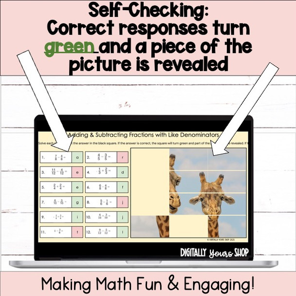 Adding & Subtracting Fractions Like Denominators Self-Checking Digital Activity