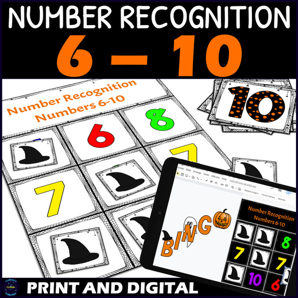 Halloween Number Recognition 6-10 Activity - Bingo Game - Printable and Digital