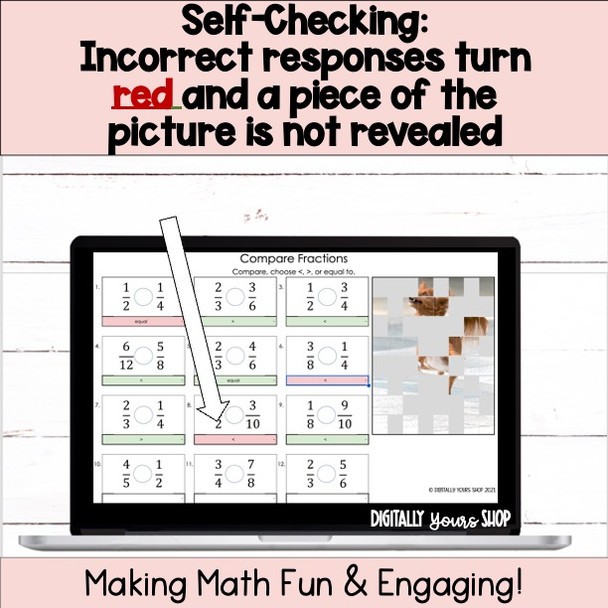 Compare Fractions with Unlike Denominators Self-Checking Digital Activity