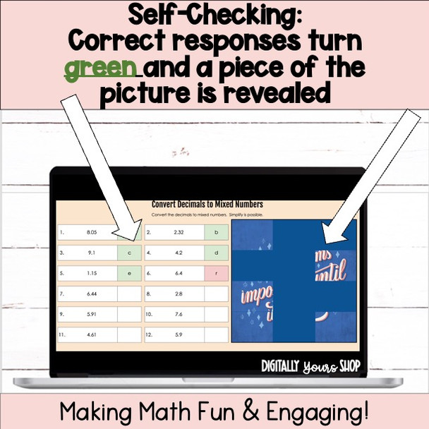 Change Decimals to Mixed Numbers in Simplest Form Digital Self-Checking Activity