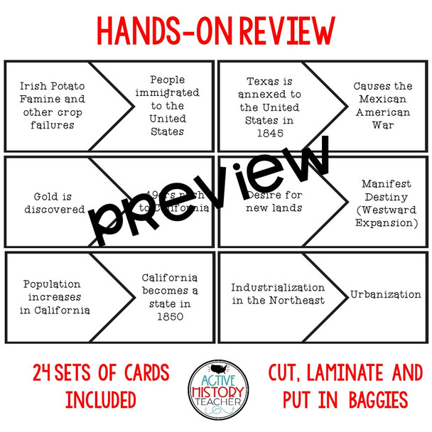 STAAR 8th SS Review  Cause and effect matching cards - Gold Rush to Civil War