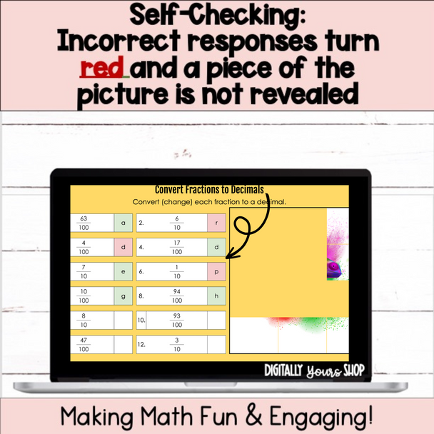 Change Fractions to Decimals - Tenths & Hundredths - Self-Checking Activity