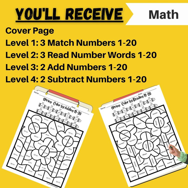 Spring Math Literacy Color By Code Worksheets - 4 Differentiated Levels