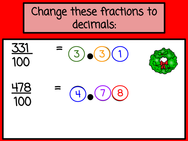 Christmas Fractions to Decimals with Number Chips