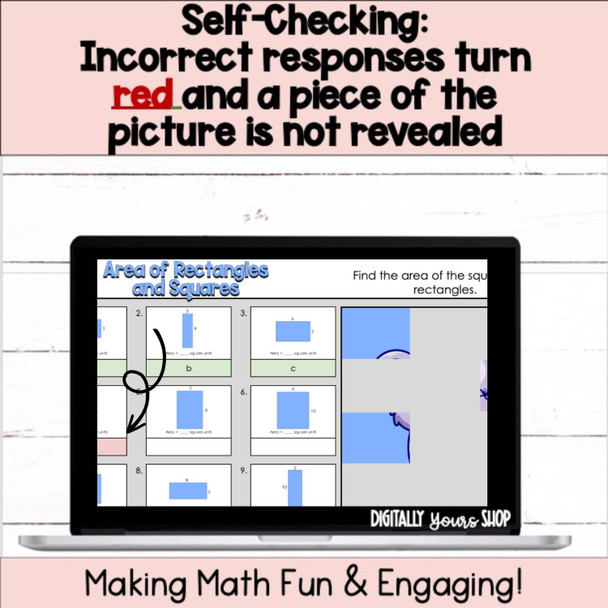 Area of Rectangles & Squares Digital Self-Checking Activity