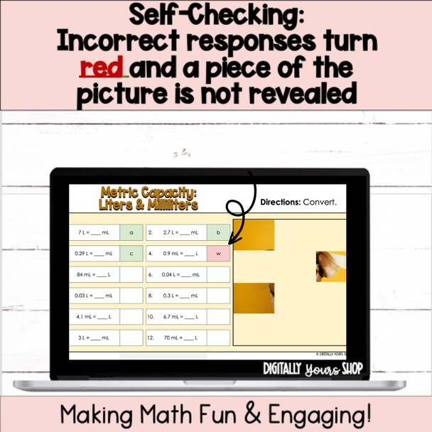 Change - Convert - Metric Capacity Digital Self-Checking Math Activity