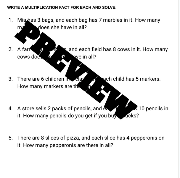 MULTIPLICATION TEST FOR END OF 3RD GRADE - WORD PROBLEMS