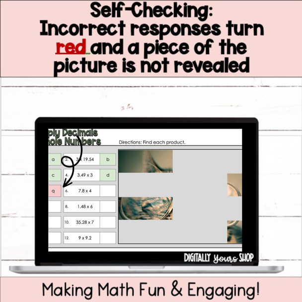 Multiply Decimals by Whole Numbers Digital Self-Checking Activity