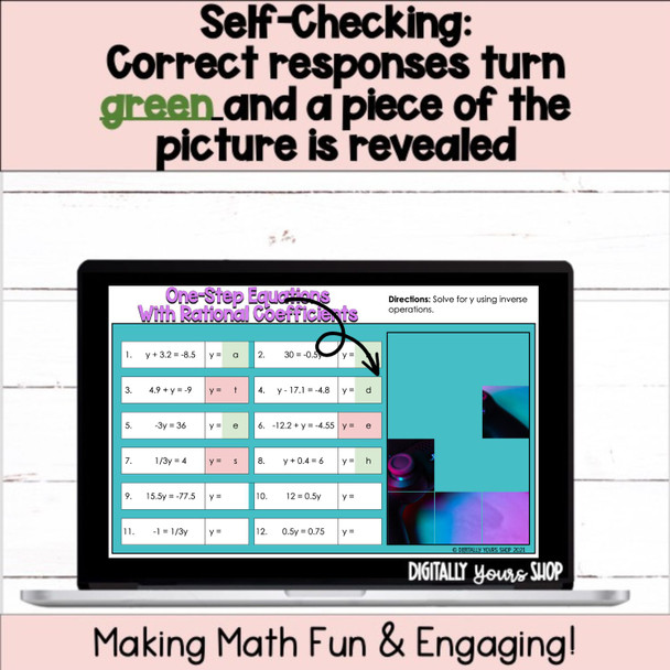 One-Step Equations with Rational Coefficients Digital Self-Checking Activity