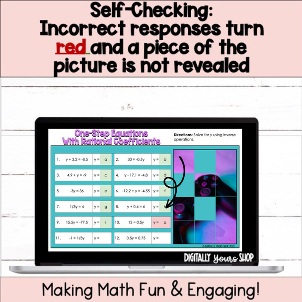 One-Step Equations with Rational Coefficients Digital Self-Checking Activity