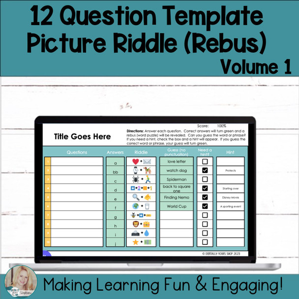 Editable Picture Riddle Template - Self-Checking Self-Grading Digital Activity 12 Questions Volume 1