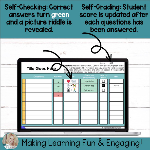Editable Picture Riddle Template - Self-Checking Self-Grading Digital Activity 12 Questions Volume 1