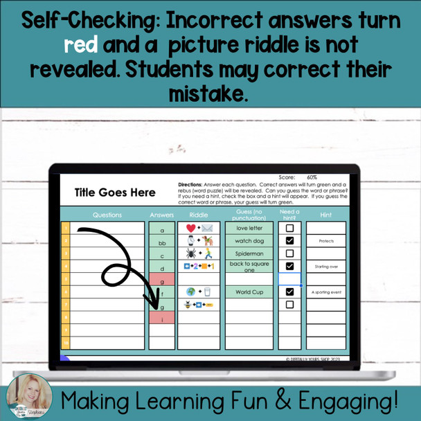 Editable Picture Riddle Template - Self-Checking Self-Grading Digital Activity 12 Questions Volume 1