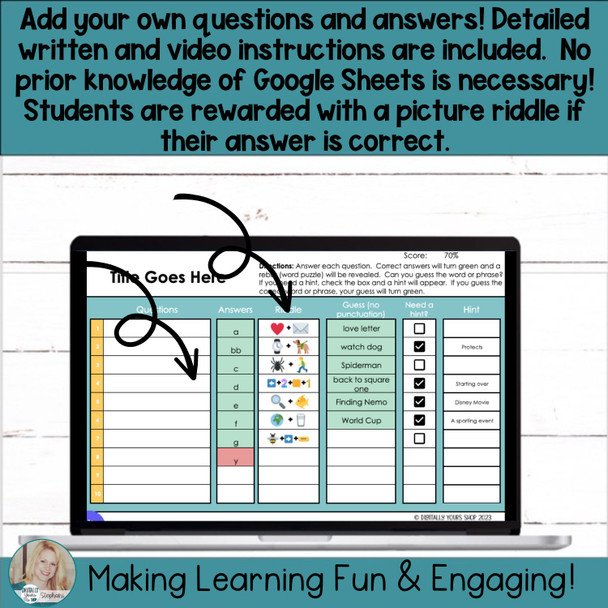 Editable Picture Riddle Template - Self-Checking Self-Grading Digital Activity 20 Questions Volume 1