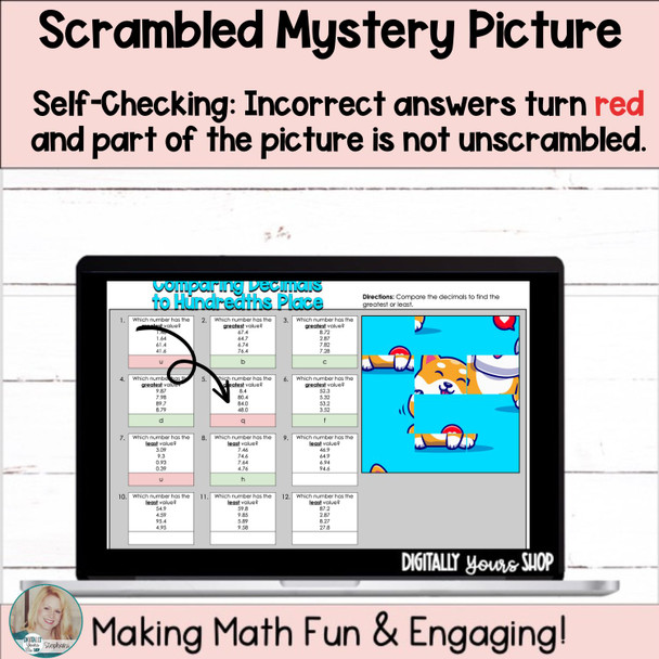 Comparing Decimals to the Hundredths Place Digital Self-Checking Activity
