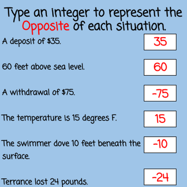Opposites and Absolute Value (Integers)