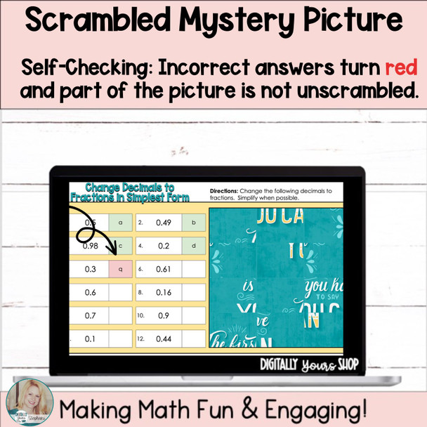Change Decimals to Fractions in Simplest Form Digital Self-Checking Activity  Mystery Picture