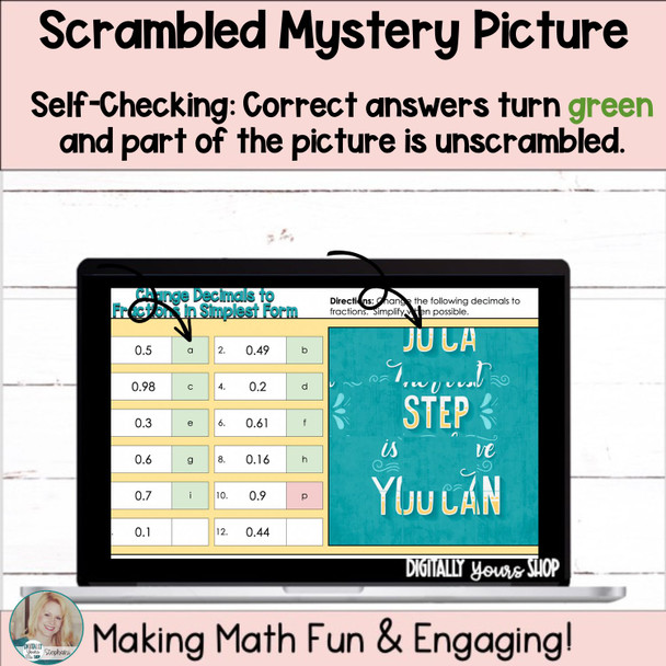 Change Decimals to Fractions in Simplest Form Digital Self-Checking Activity  Mystery Picture