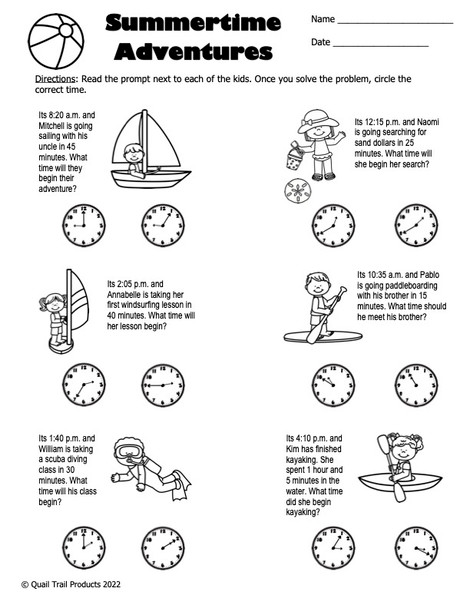 Elapsed Time Worksheets - Time for the Beach!