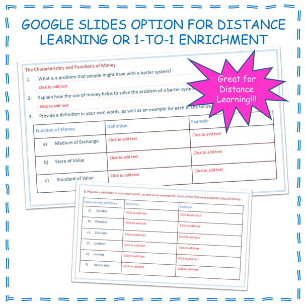 Functions & Characteristics of Money Economic Worksheet Google Slides Economics