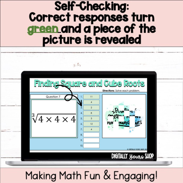 Finding Square Roots and Cube Roots Digital Self-Checking Math Activity