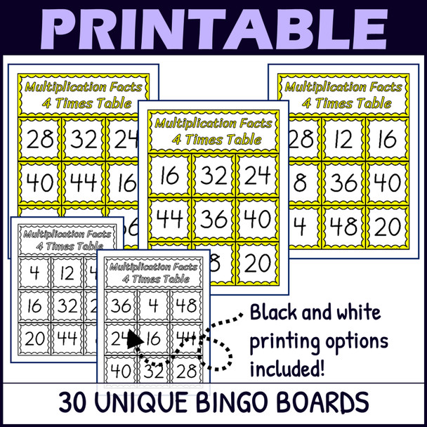4 Times Table Activity - Multiplication Facts Bingo Game