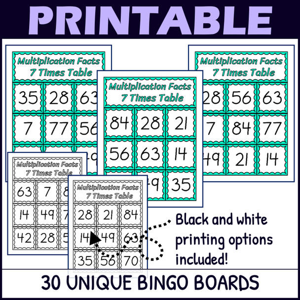 7 Times Table Activity - Multiplication Facts Bingo Game