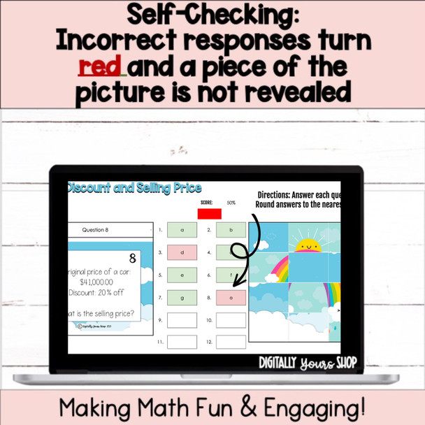 Discount and Selling Price Digital Self-Checking Self-Grading Math Activity 2