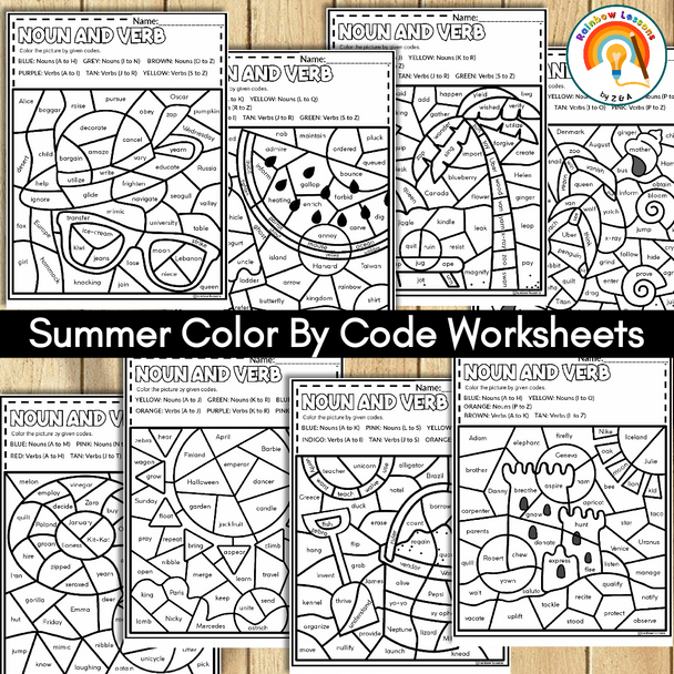 Summer Color By Code | Summer Coloring Pages | Noun and Verb Sort | Morning Work