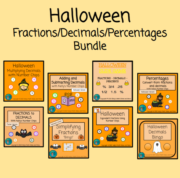 Halloween Fractions Decimals Percentages Bundle of 8 Games/Lessons
