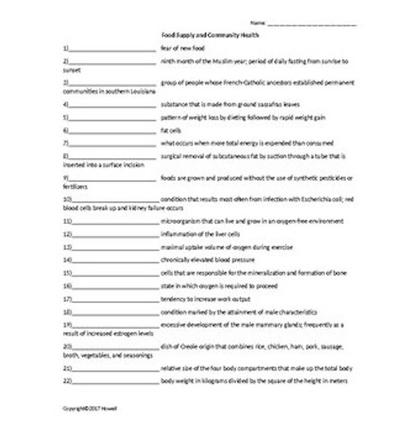 Nutrition and Health Science Worksheet Review Bundle