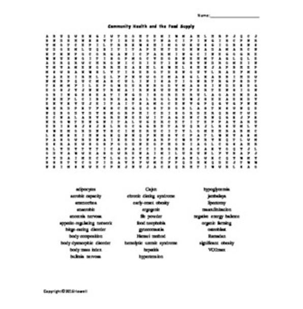 Nutrition and Health Science Vocabulary Word Searches