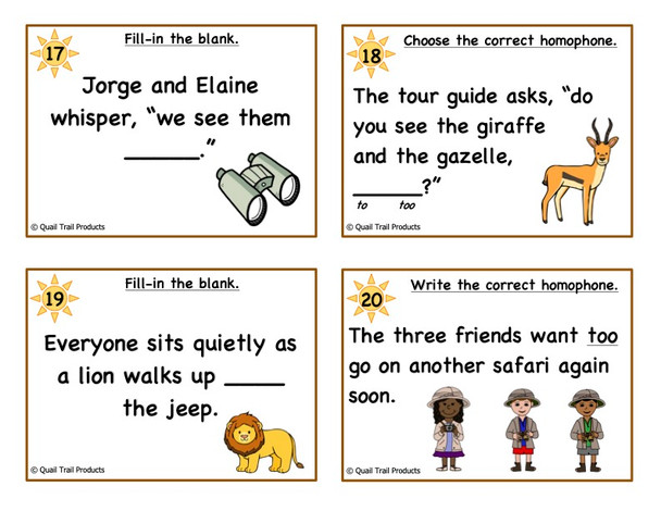 Homophone Task Cards To, Too, & Two Safari